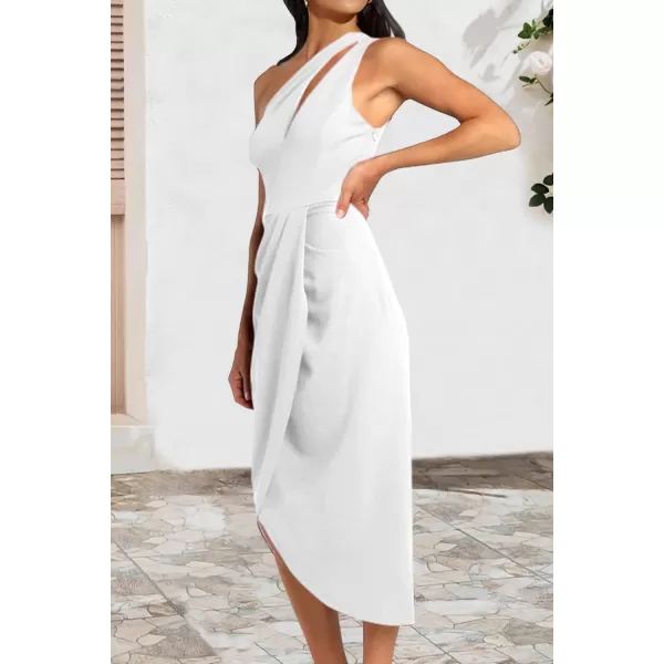 imagePRETTYGARDEN Womens One Shoulder Ruched Bodycon Dress 2024 Summer Cutout Slit Wrap Party Cocktail Midi DressesWhite