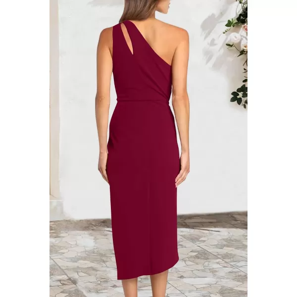 imagePRETTYGARDEN Womens One Shoulder Ruched Bodycon Dress 2024 Summer Cutout Slit Wrap Party Cocktail Midi DressesWine Red