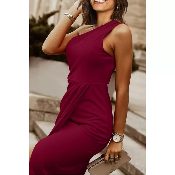 imagePRETTYGARDEN Womens One Shoulder Ruched Bodycon Dress 2024 Summer Cutout Slit Wrap Party Cocktail Midi DressesWine Red