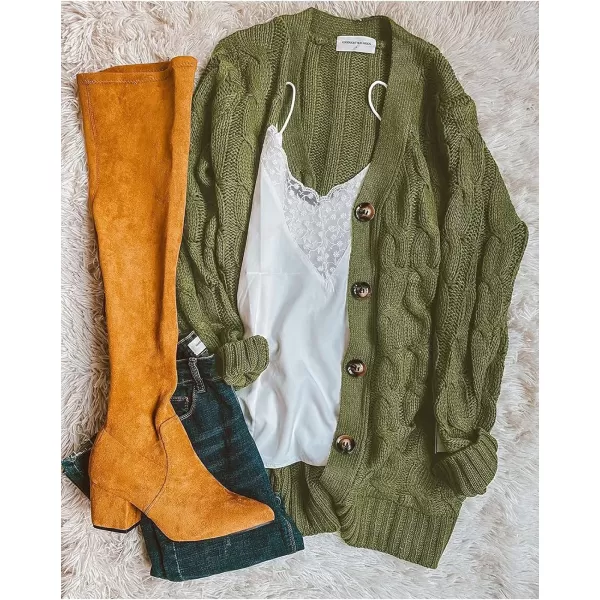 imagePRETTYGARDEN Womens Open Front Cardigan Sweaters Fashion Button Down Cable Knit Chunky Outwear CoatsArmy Green