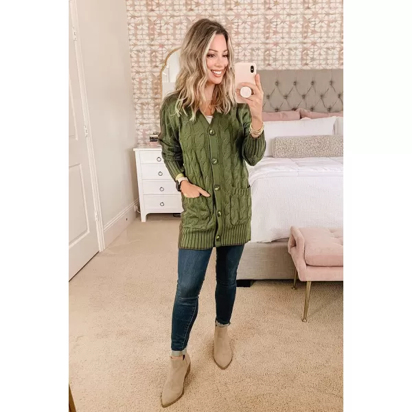 imagePRETTYGARDEN Womens Open Front Cardigan Sweaters Fashion Button Down Cable Knit Chunky Outwear CoatsArmy Green