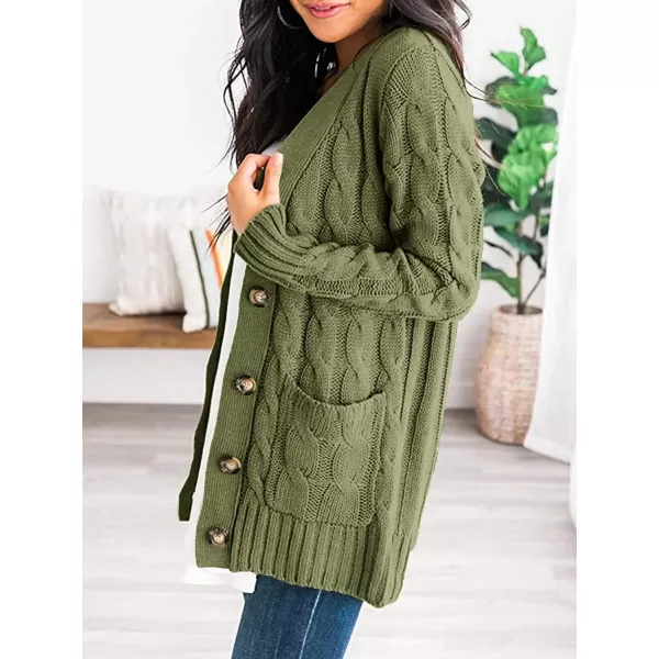 imagePRETTYGARDEN Womens Open Front Cardigan Sweaters Fashion Button Down Cable Knit Chunky Outwear CoatsArmy Green