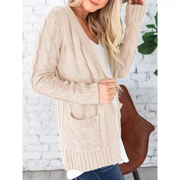 imagePRETTYGARDEN Womens Open Front Cardigan Sweaters Fashion Button Down Cable Knit Chunky Outwear CoatsBeige