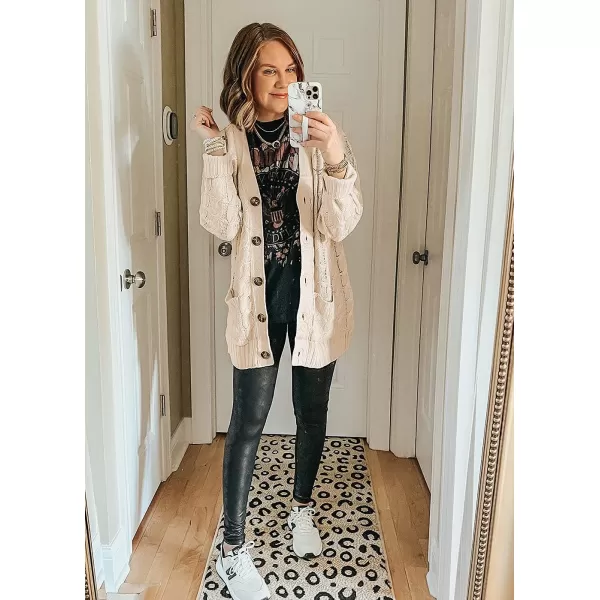 imagePRETTYGARDEN Womens Open Front Cardigan Sweaters Fashion Button Down Cable Knit Chunky Outwear CoatsBeige