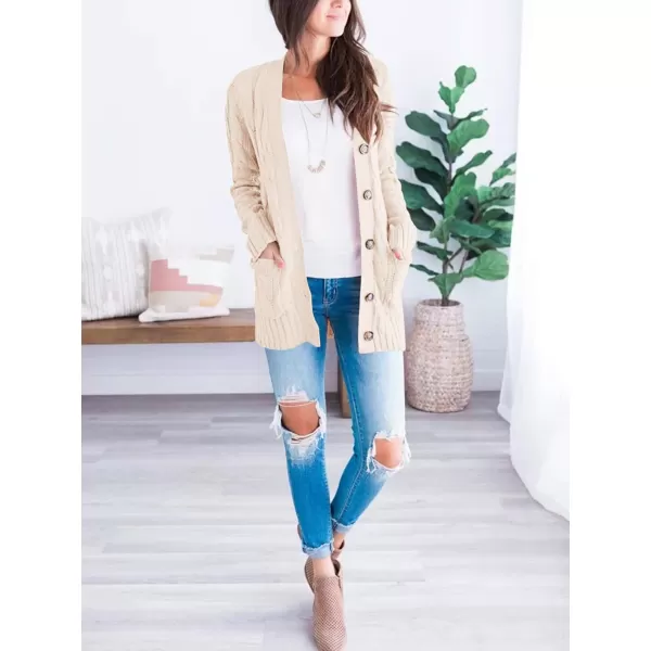 imagePRETTYGARDEN Womens Open Front Cardigan Sweaters Fashion Button Down Cable Knit Chunky Outwear CoatsBeige