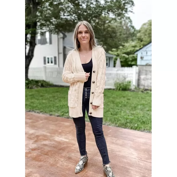 imagePRETTYGARDEN Womens Open Front Cardigan Sweaters Fashion Button Down Cable Knit Chunky Outwear CoatsBeige