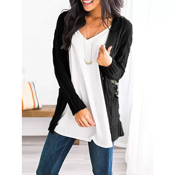 imagePRETTYGARDEN Womens Open Front Cardigan Sweaters Fashion Button Down Cable Knit Chunky Outwear CoatsBlack