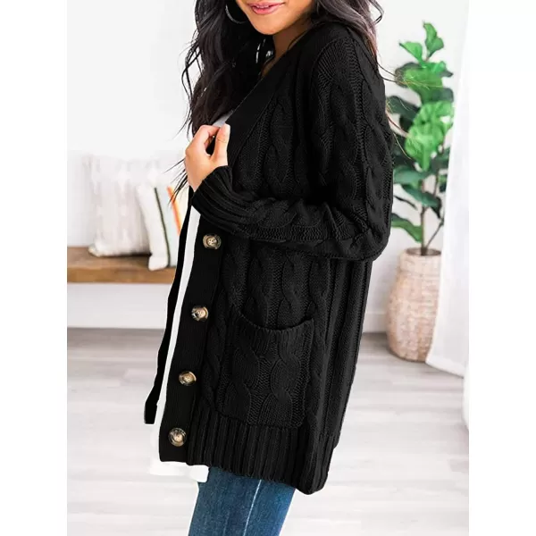 imagePRETTYGARDEN Womens Open Front Cardigan Sweaters Fashion Button Down Cable Knit Chunky Outwear CoatsBlack