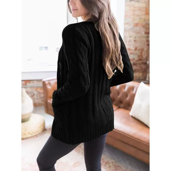 imagePRETTYGARDEN Womens Open Front Cardigan Sweaters Fashion Button Down Cable Knit Chunky Outwear CoatsBlack