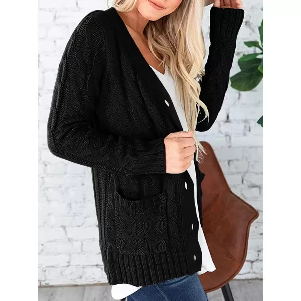 imagePRETTYGARDEN Womens Open Front Cardigan Sweaters Fashion Button Down Cable Knit Chunky Outwear CoatsBlack