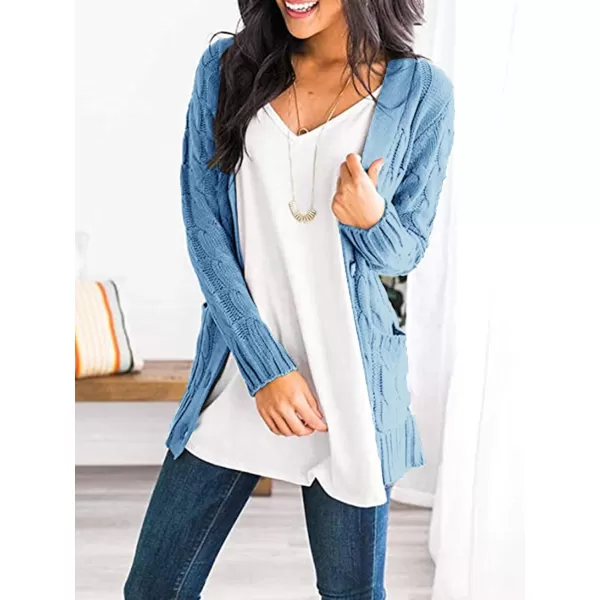imagePRETTYGARDEN Womens Open Front Cardigan Sweaters Fashion Button Down Cable Knit Chunky Outwear CoatsBlue