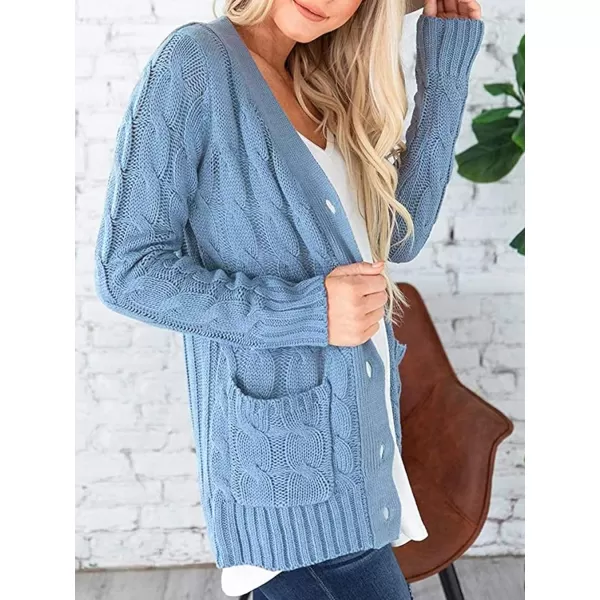 imagePRETTYGARDEN Womens Open Front Cardigan Sweaters Fashion Button Down Cable Knit Chunky Outwear CoatsBlue