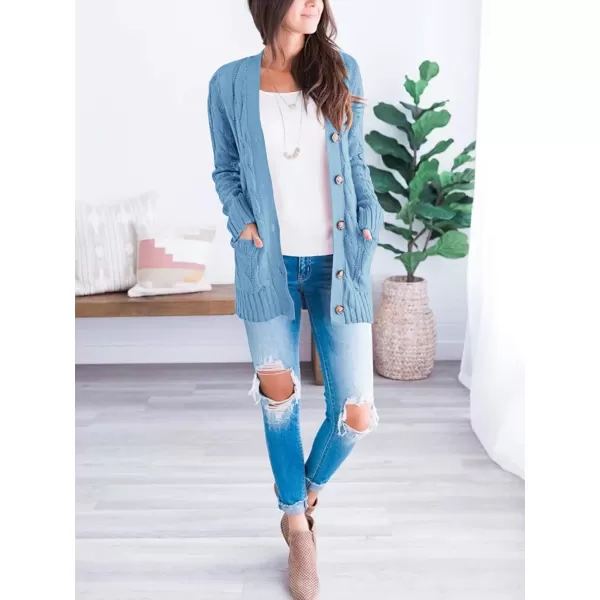imagePRETTYGARDEN Womens Open Front Cardigan Sweaters Fashion Button Down Cable Knit Chunky Outwear CoatsBlue
