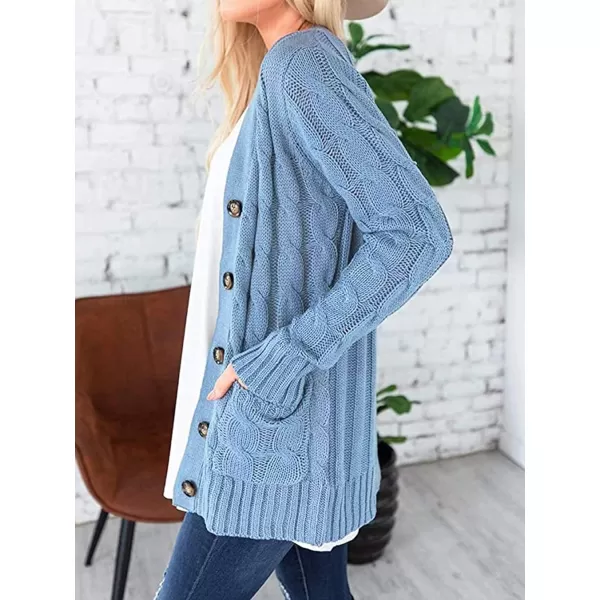 imagePRETTYGARDEN Womens Open Front Cardigan Sweaters Fashion Button Down Cable Knit Chunky Outwear CoatsBlue