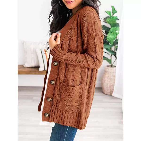 imagePRETTYGARDEN Womens Open Front Cardigan Sweaters Fashion Button Down Cable Knit Chunky Outwear CoatsBrown