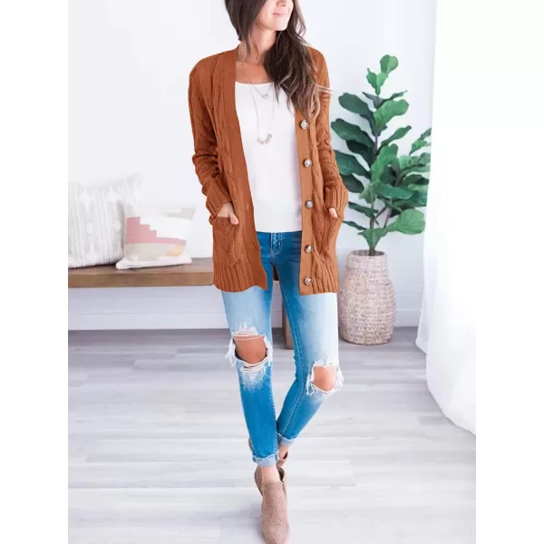 imagePRETTYGARDEN Womens Open Front Cardigan Sweaters Fashion Button Down Cable Knit Chunky Outwear CoatsBrown