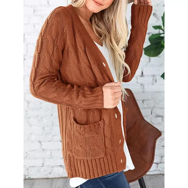 imagePRETTYGARDEN Womens Open Front Cardigan Sweaters Fashion Button Down Cable Knit Chunky Outwear CoatsBrown