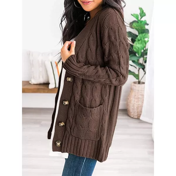 imagePRETTYGARDEN Womens Open Front Cardigan Sweaters Fashion Button Down Cable Knit Chunky Outwear CoatsCoffee