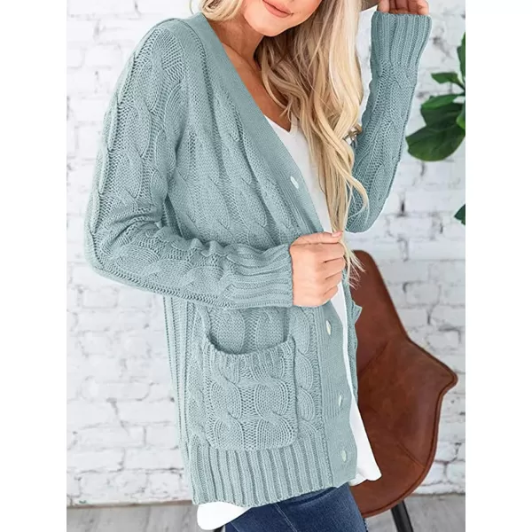 imagePRETTYGARDEN Womens Open Front Cardigan Sweaters Fashion Button Down Cable Knit Chunky Outwear CoatsGreen