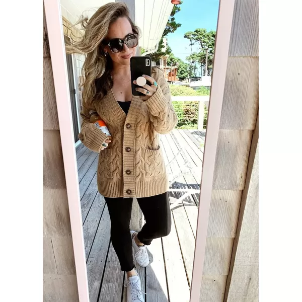 imagePRETTYGARDEN Womens Open Front Cardigan Sweaters Fashion Button Down Cable Knit Chunky Outwear CoatsKhaki