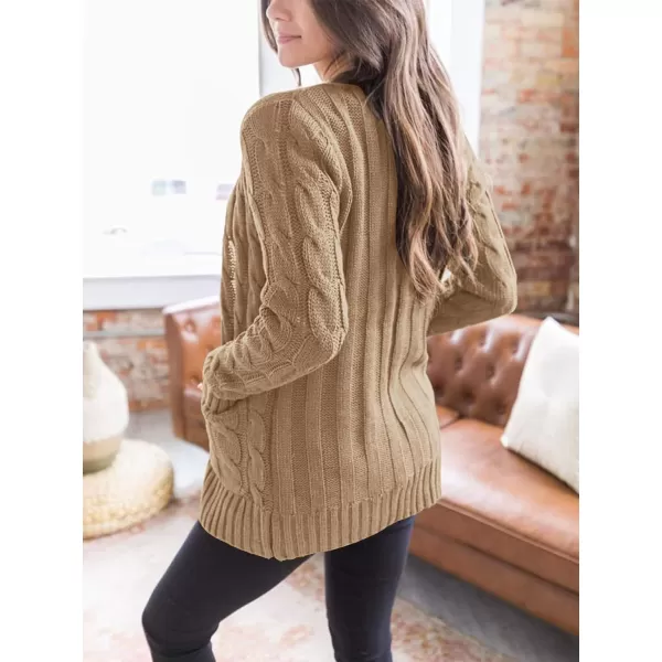 imagePRETTYGARDEN Womens Open Front Cardigan Sweaters Fashion Button Down Cable Knit Chunky Outwear CoatsKhaki