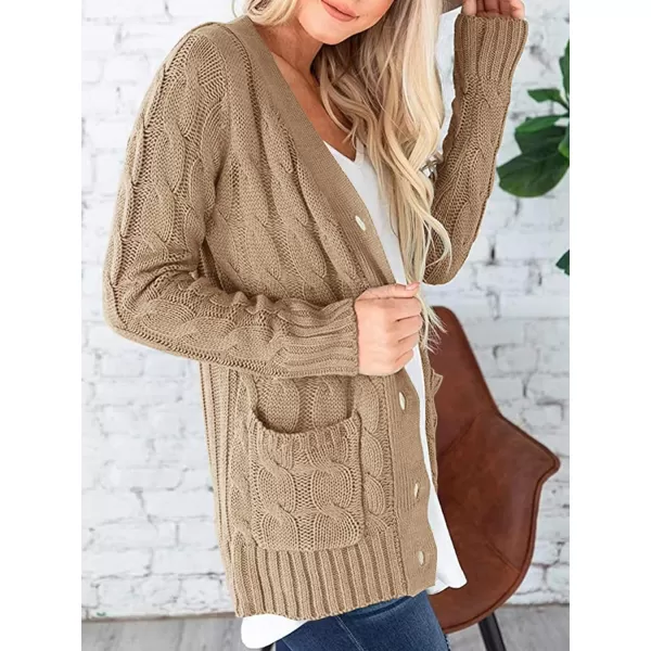 imagePRETTYGARDEN Womens Open Front Cardigan Sweaters Fashion Button Down Cable Knit Chunky Outwear CoatsKhaki