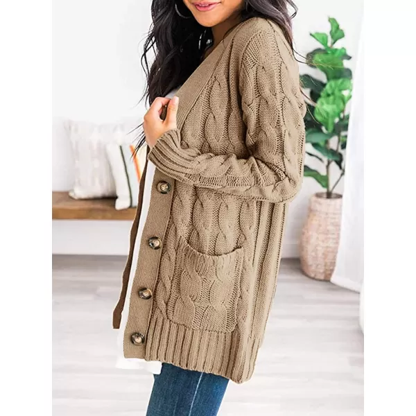 imagePRETTYGARDEN Womens Open Front Cardigan Sweaters Fashion Button Down Cable Knit Chunky Outwear CoatsKhaki