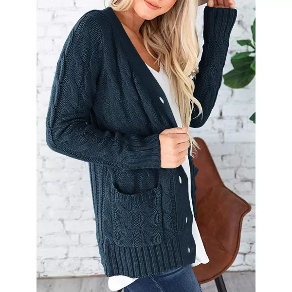 imagePRETTYGARDEN Womens Open Front Cardigan Sweaters Fashion Button Down Cable Knit Chunky Outwear CoatsLake Blue