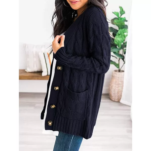 imagePRETTYGARDEN Womens Open Front Cardigan Sweaters Fashion Button Down Cable Knit Chunky Outwear CoatsNavy