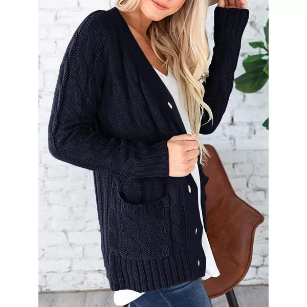 imagePRETTYGARDEN Womens Open Front Cardigan Sweaters Fashion Button Down Cable Knit Chunky Outwear CoatsNavy