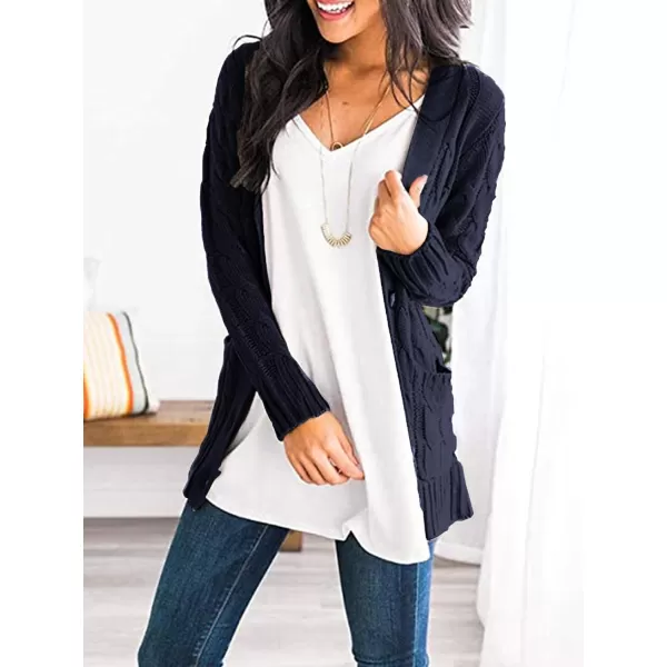 imagePRETTYGARDEN Womens Open Front Cardigan Sweaters Fashion Button Down Cable Knit Chunky Outwear CoatsNavy