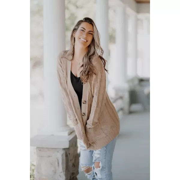 imagePRETTYGARDEN Womens Open Front Cardigan Sweaters Fashion Button Down Cable Knit Chunky Outwear CoatsPink