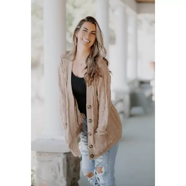 imagePRETTYGARDEN Womens Open Front Cardigan Sweaters Fashion Button Down Cable Knit Chunky Outwear CoatsPink
