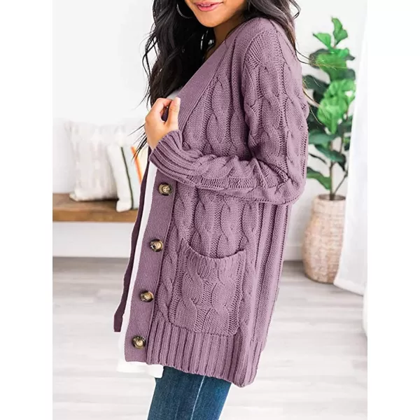 imagePRETTYGARDEN Womens Open Front Cardigan Sweaters Fashion Button Down Cable Knit Chunky Outwear CoatsPurple