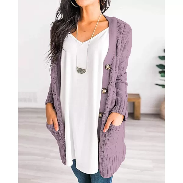 imagePRETTYGARDEN Womens Open Front Cardigan Sweaters Fashion Button Down Cable Knit Chunky Outwear CoatsPurple