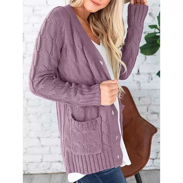 imagePRETTYGARDEN Womens Open Front Cardigan Sweaters Fashion Button Down Cable Knit Chunky Outwear CoatsPurple