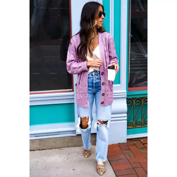 imagePRETTYGARDEN Womens Open Front Cardigan Sweaters Fashion Button Down Cable Knit Chunky Outwear CoatsPurple