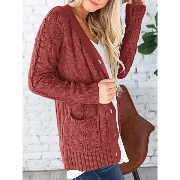 imagePRETTYGARDEN Womens Open Front Cardigan Sweaters Fashion Button Down Cable Knit Chunky Outwear CoatsRed