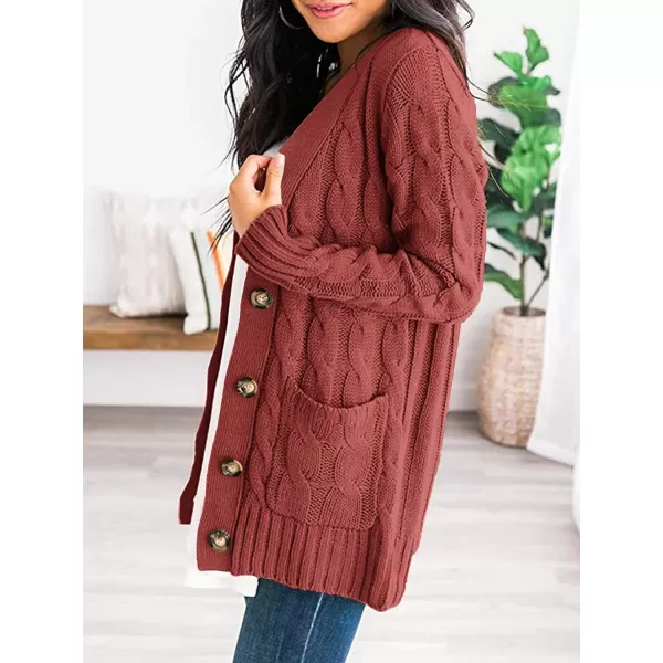 imagePRETTYGARDEN Womens Open Front Cardigan Sweaters Fashion Button Down Cable Knit Chunky Outwear CoatsRed