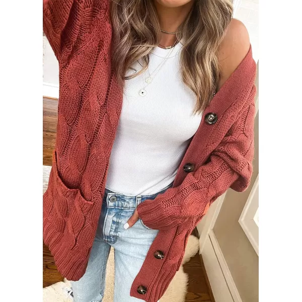 imagePRETTYGARDEN Womens Open Front Cardigan Sweaters Fashion Button Down Cable Knit Chunky Outwear CoatsRed