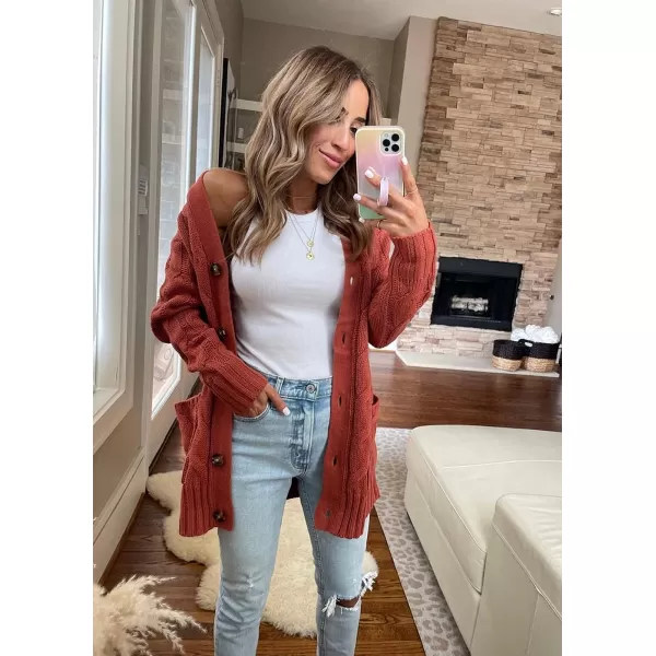 imagePRETTYGARDEN Womens Open Front Cardigan Sweaters Fashion Button Down Cable Knit Chunky Outwear CoatsRed