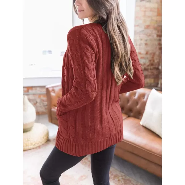 imagePRETTYGARDEN Womens Open Front Cardigan Sweaters Fashion Button Down Cable Knit Chunky Outwear CoatsRed
