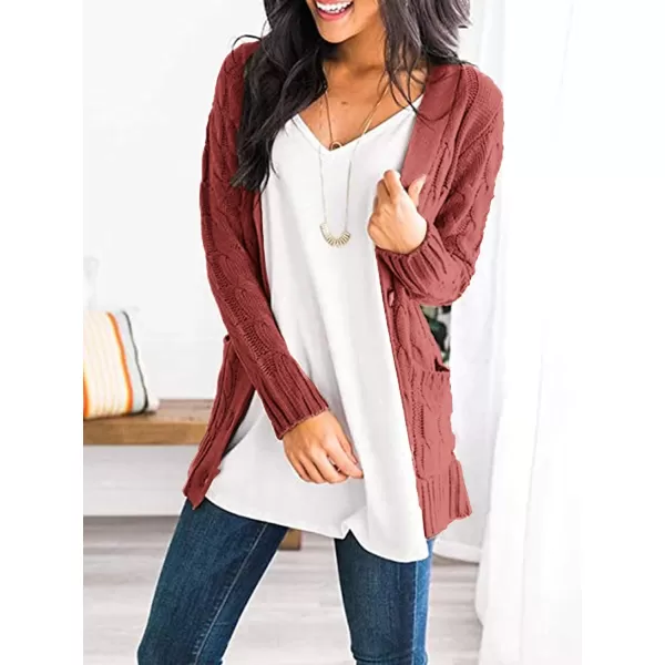 imagePRETTYGARDEN Womens Open Front Cardigan Sweaters Fashion Button Down Cable Knit Chunky Outwear CoatsRed