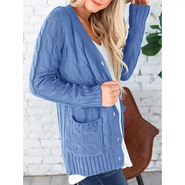 imagePRETTYGARDEN Womens Open Front Cardigan Sweaters Fashion Button Down Cable Knit Chunky Outwear CoatsSky Blue