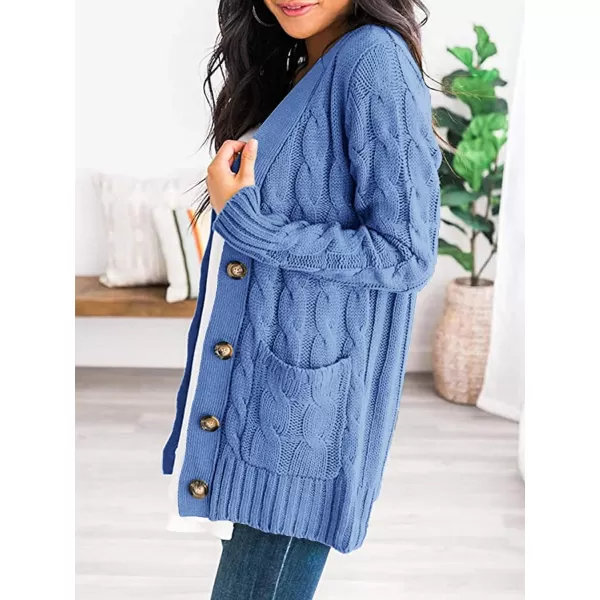 imagePRETTYGARDEN Womens Open Front Cardigan Sweaters Fashion Button Down Cable Knit Chunky Outwear CoatsSky Blue