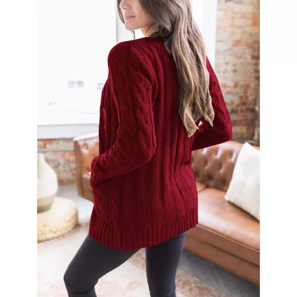 imagePRETTYGARDEN Womens Open Front Cardigan Sweaters Fashion Button Down Cable Knit Chunky Outwear CoatsWine Red