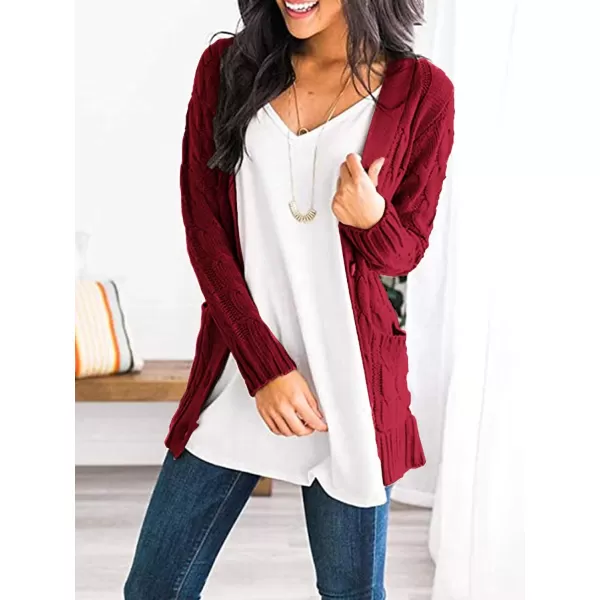 imagePRETTYGARDEN Womens Open Front Cardigan Sweaters Fashion Button Down Cable Knit Chunky Outwear CoatsWine Red