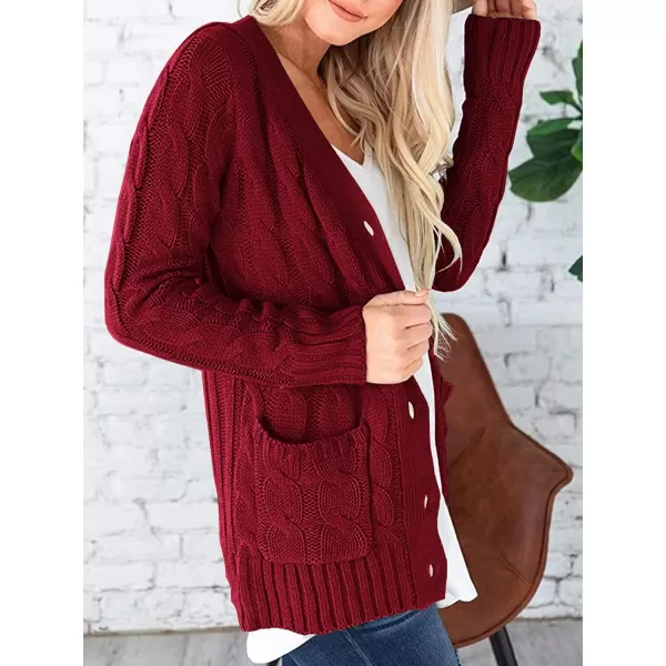 imagePRETTYGARDEN Womens Open Front Cardigan Sweaters Fashion Button Down Cable Knit Chunky Outwear CoatsWine Red