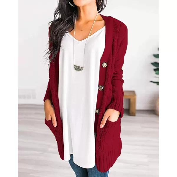 imagePRETTYGARDEN Womens Open Front Cardigan Sweaters Fashion Button Down Cable Knit Chunky Outwear CoatsWine Red