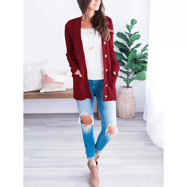imagePRETTYGARDEN Womens Open Front Cardigan Sweaters Fashion Button Down Cable Knit Chunky Outwear CoatsWine Red